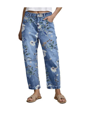 Flamingals Mid Rise Barrel Leg Wash Floral Print Jeans for Women L